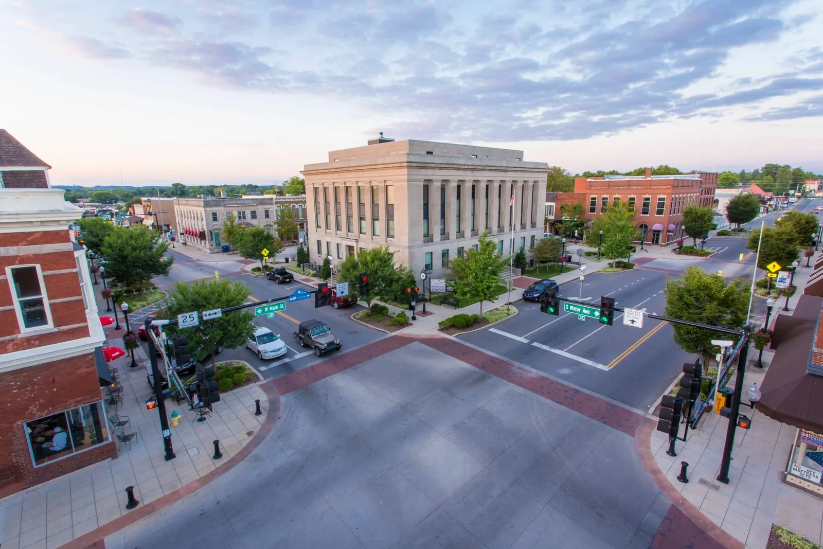 The historic courthouse on the downtown square in Gallatin, Tennessee, at dusk