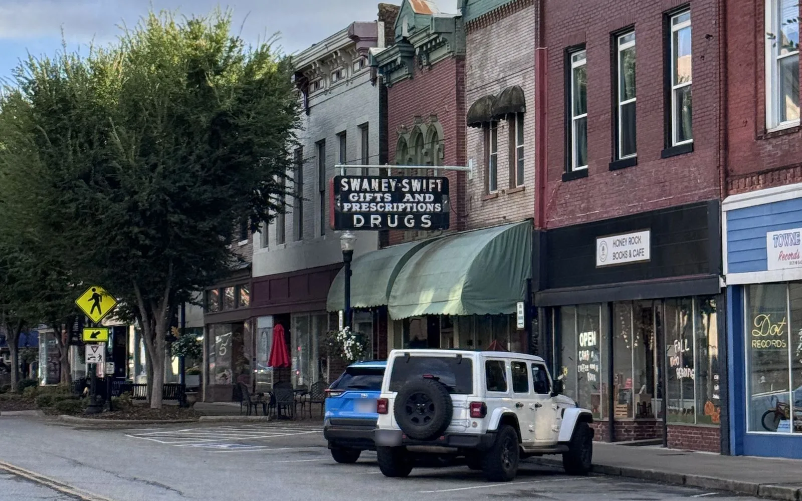 Storefronts and the Swaney-Swift sign on the historic downtown square in Gallatin, Tennessee