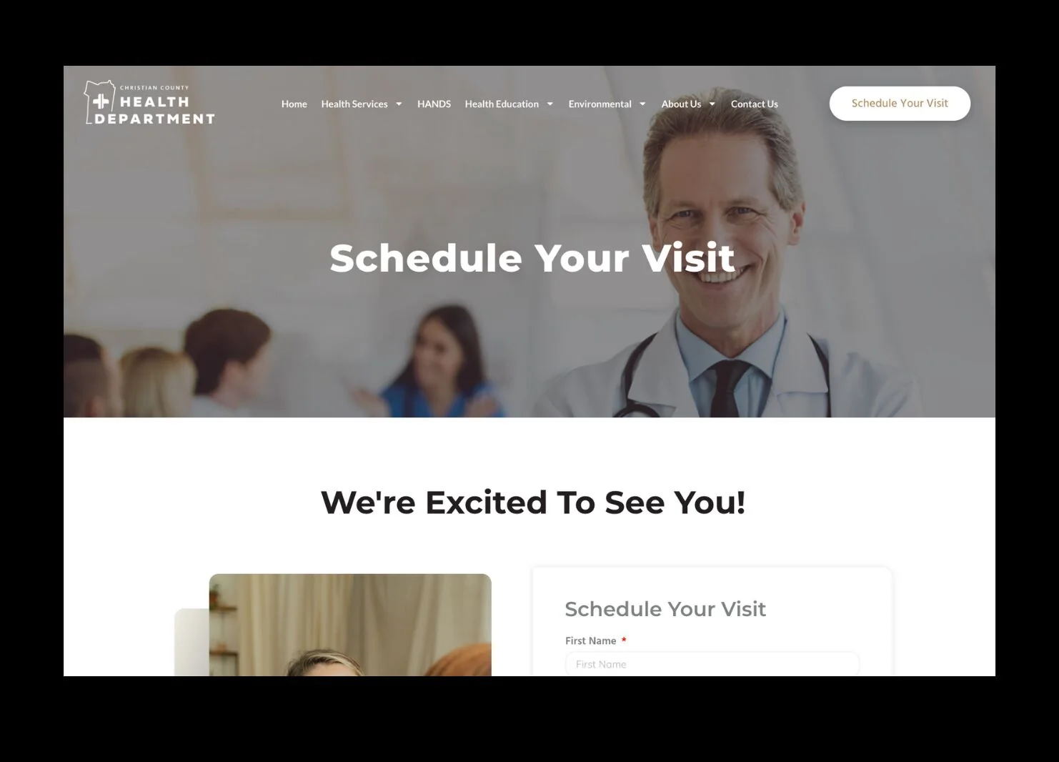 Christian County Health Department appointment scheduling page with an online visit form.