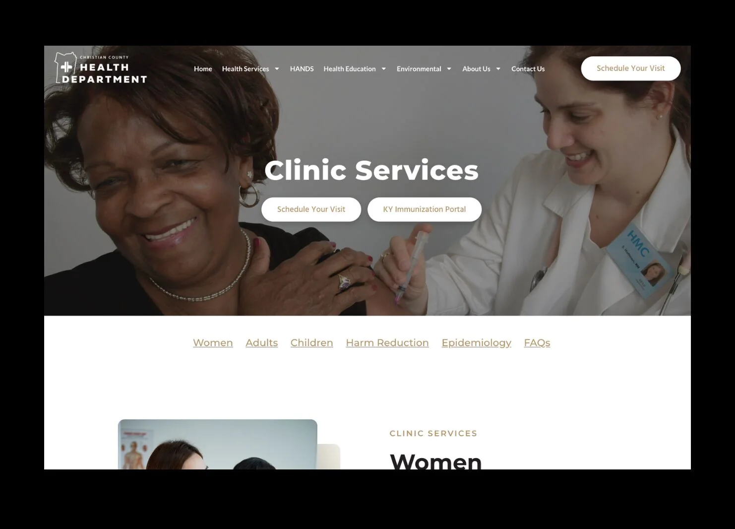 Christian County Health Department clinic services page featuring healthcare staff.