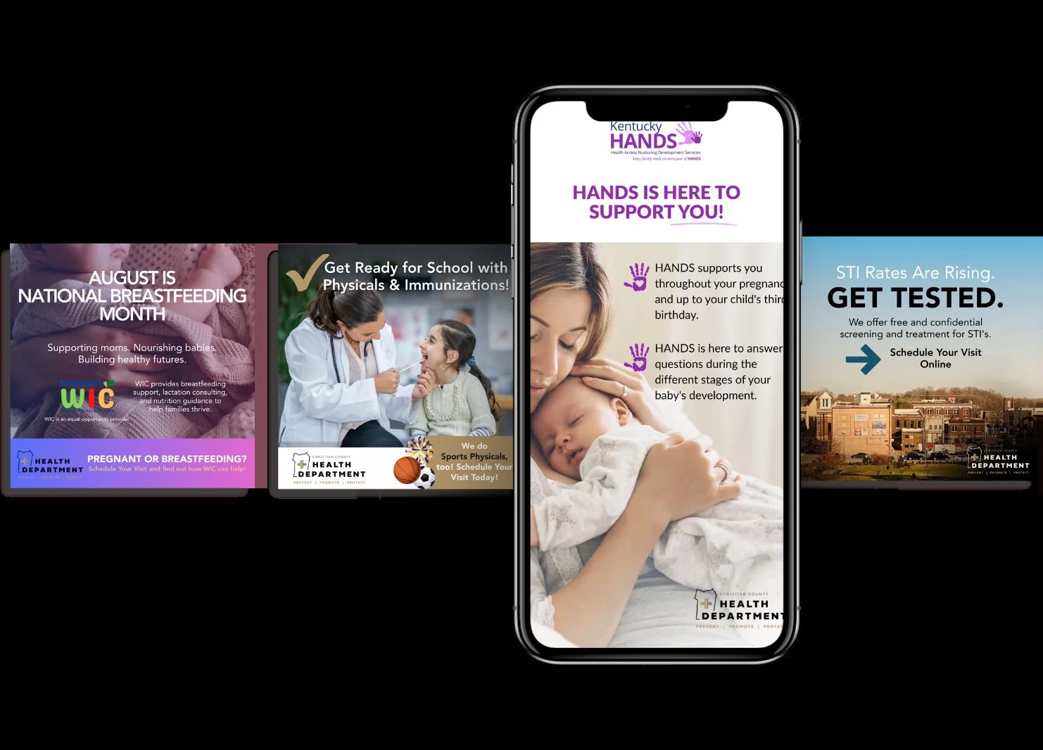 Public health social media and HANDS program content displayed on mobile devices.