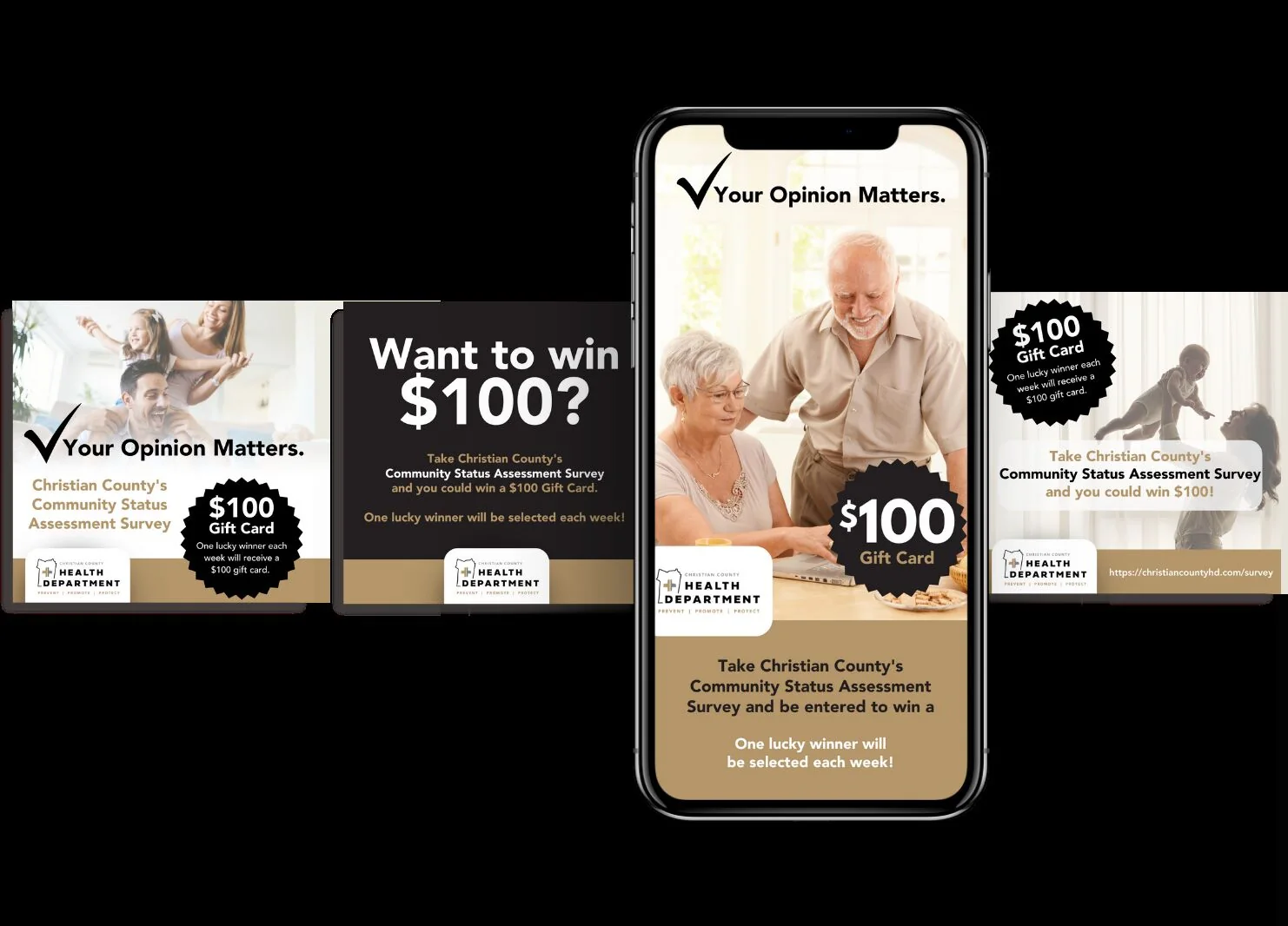 Christian County Health Department social campaign graphics about community surveys and incentives.