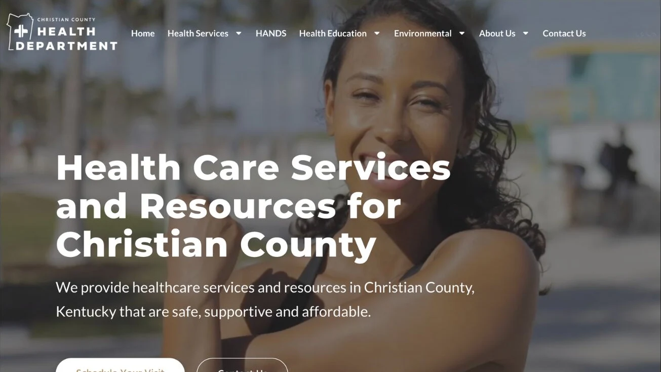 Christian County Health Department homepage with a mother and child and health care services.