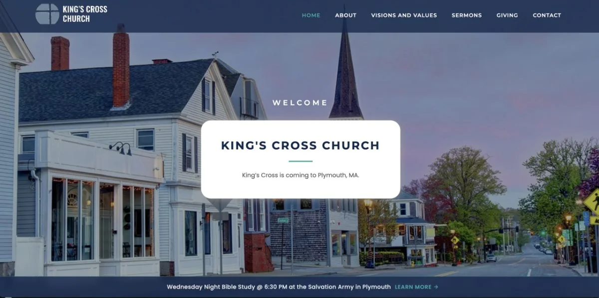 King's Cross Church website homepage with a church building and welcome message.