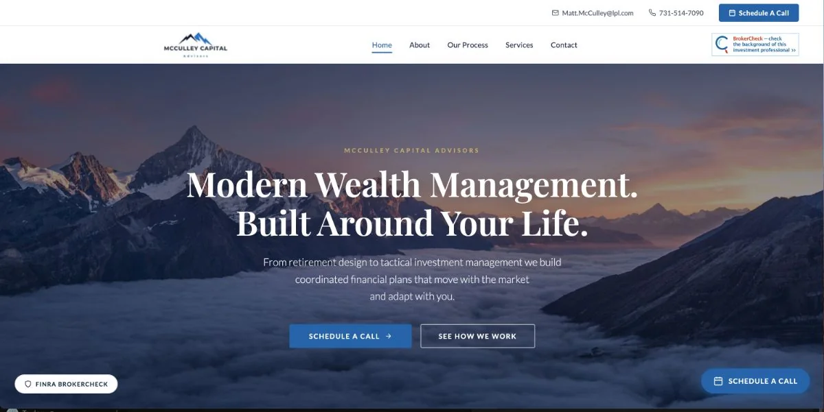 McCulley Capital Advisors website featuring a mountain landscape and its modern wealth management message.